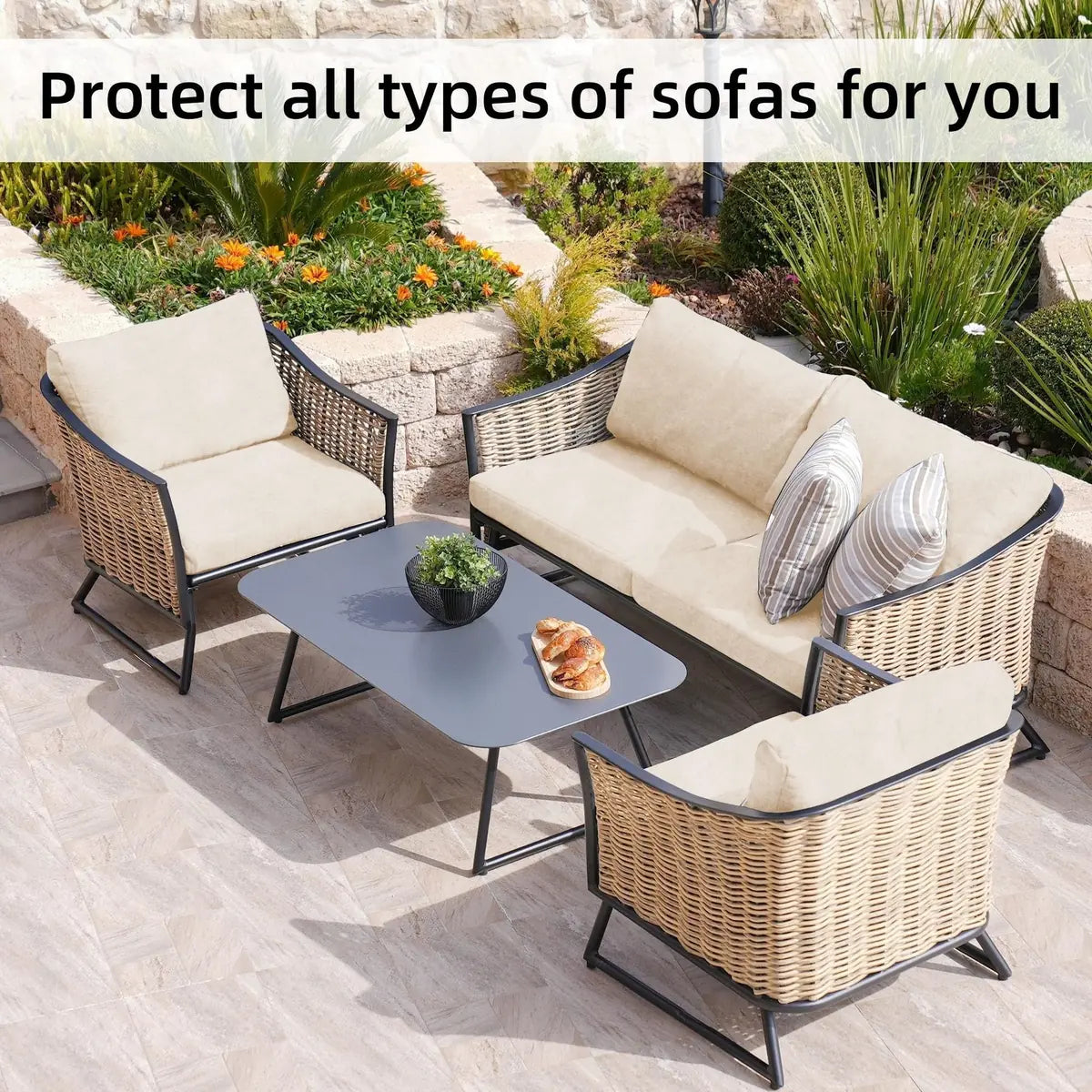 Outdoor seating refreshed with light neutral cushion covers